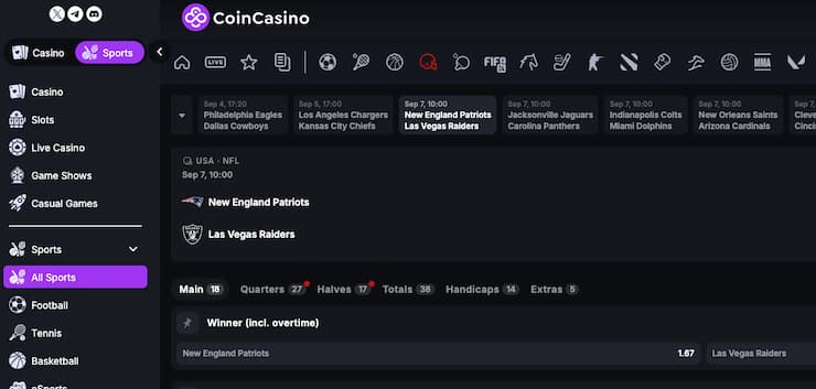 NFL betting screen from CoinCasino, a popular online sportsbook in Nevada.